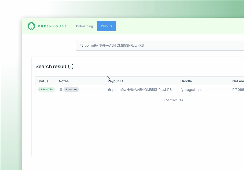 A sample UI for payout notes and search result