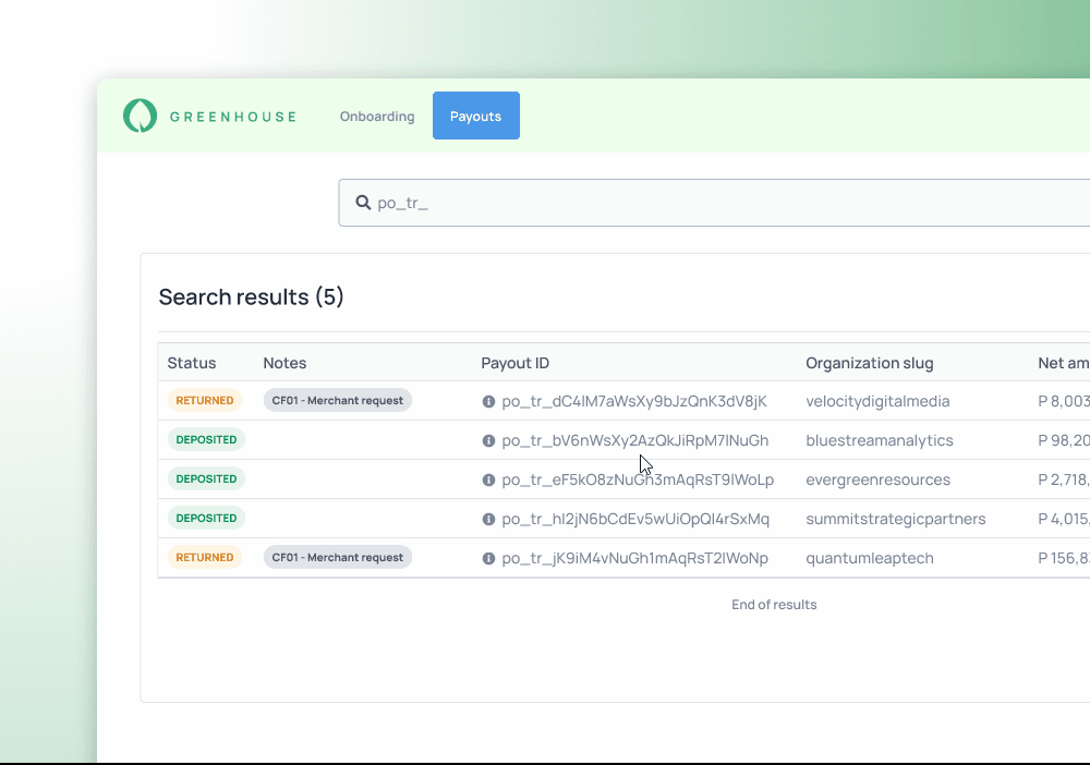 A sample UI for payout statuses and search result