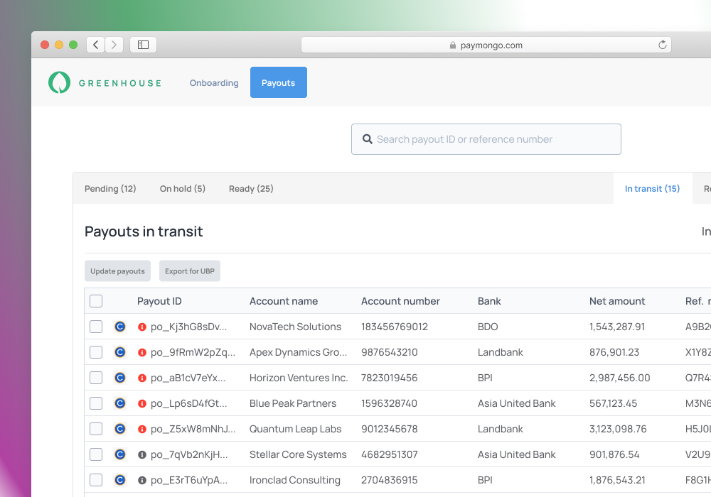 A sample UI that contains details about payouts