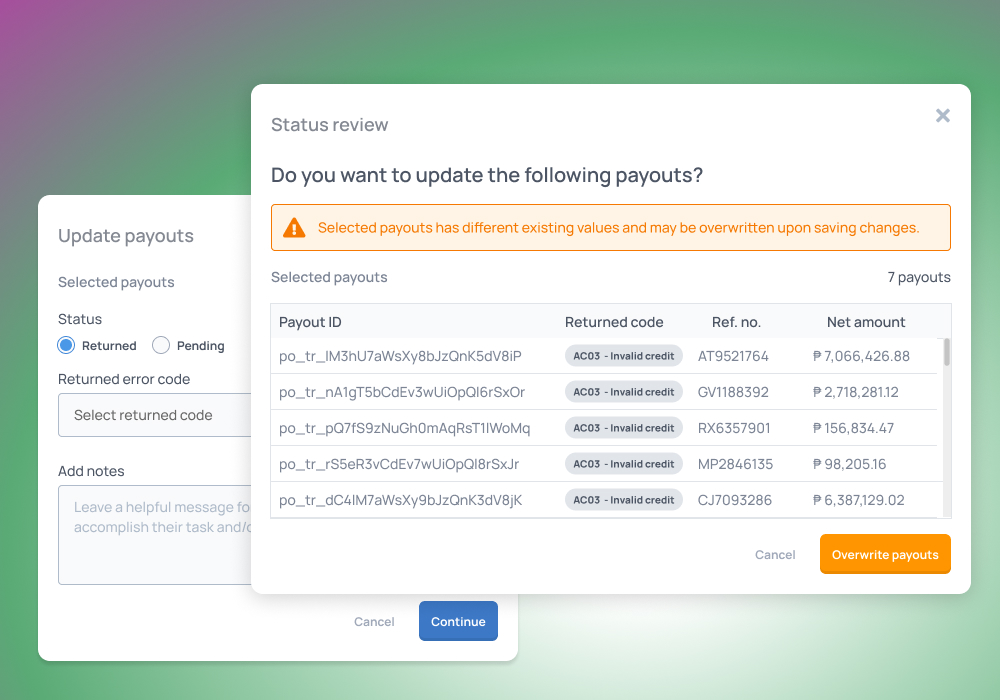 UI for batch updating statuses for payouts