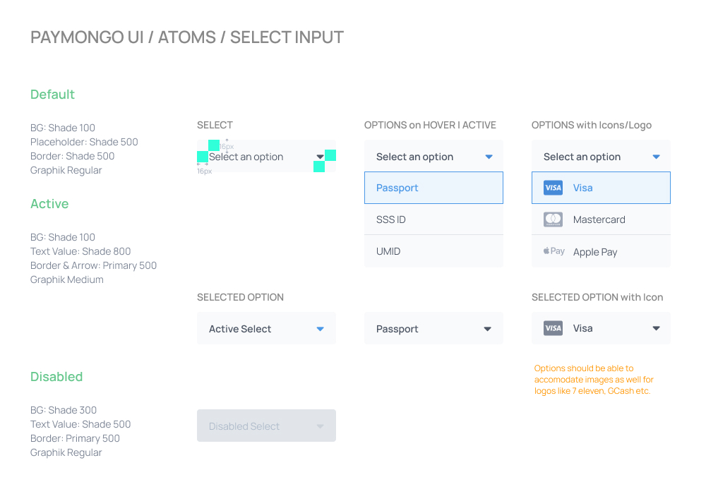 A set of select input with guides and variants